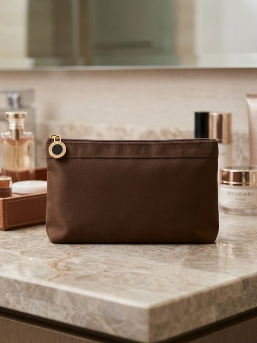 Bvlgari Makeup Toiletry Cosmetic Dark Brown Satin Pouch Top Zip Closure Bag Case